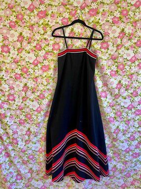 Vintage 70s ILGWU Maxi Dress Size 14 Black Red Stripe Union Made USA